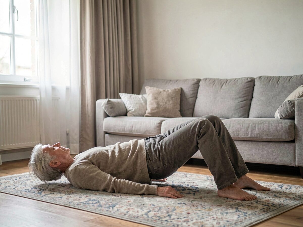A person in their fifties doing a slow bridge exercise on a rug in a bright living room, knees bent feet flat, mid-lift with a steady expression, a low sofa and closed curtains behind, morning light through a big window