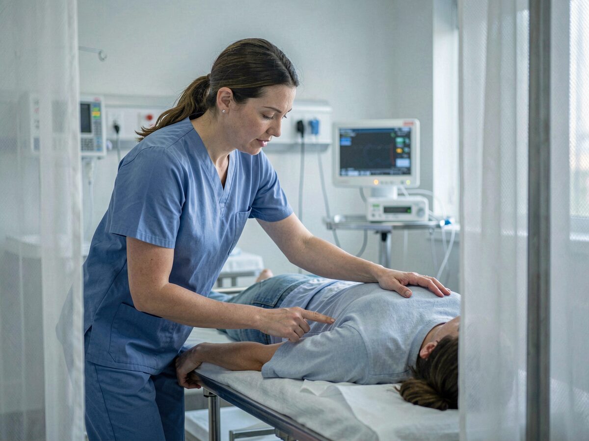 Hospital assessment bay, a nurse in scrubs leaning toward a patient lying on a trolley who points to their lower back, curtain half drawn, monitoring equipment softly out of focus in the background, cool clinical light
