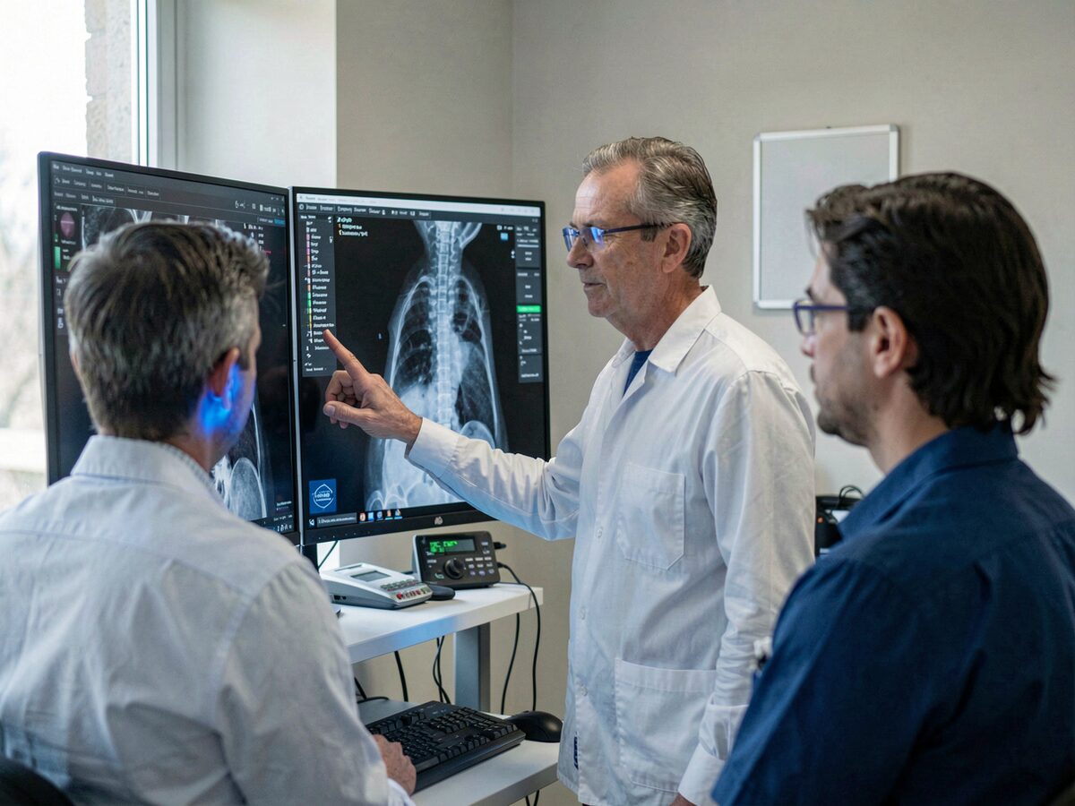 Radiology reading room, a radiologist in a shirt pointing at a lumbar spine MRI displayed on dark monitors while a referring clinician looks on, blue screen glow on their faces, film-light box empty on the wall