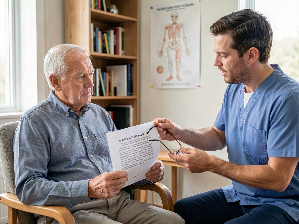 Consultation scene in a calm clinic room, an older man in a chair holding a printed page of guidance while a chiropractor beside him gestures toward the key paragraph, reading glasses in hand, bookshelf and skeleton chart behind