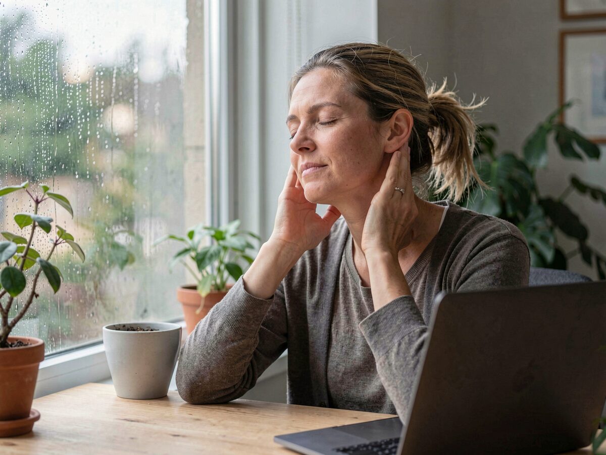 A woman in her thirties at a desk by a window pressing two fingers into the base of her skull above the neck, eyes closed, hair loosely tied, laptop open in front of her, plants and rain streaks on the window glass