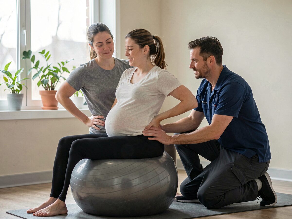 A pregnant woman in her third trimester sitting on a large exercise ball in a calm clinic room, both hands on her lower back, chiropractor kneeling beside guiding her posture, soft daylight, plants on the windowsill