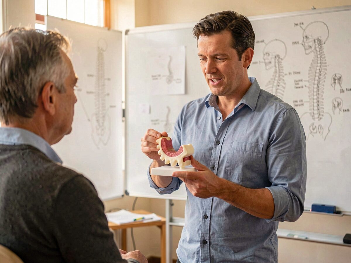 Anatomy classroom scene, a chiropractor in a shirt with rolled sleeves holding a foam vertebra and disc model at chest height while explaining it to a seated adult patient, whiteboard sketches of the spine behind them, warm side light