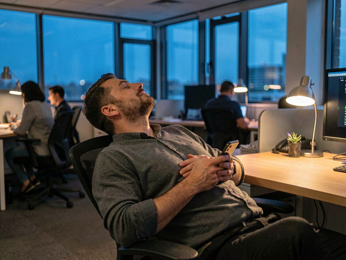 Open-plan office at dusk, a man leaning back in his chair phone in hand held low on his chest, neck bent forward, warm desk lamp glow against blue window light, colleagues blurred in the background