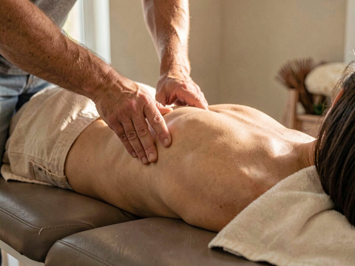 Treatment room detail, chiropractor's hands applying a precise quick impulse to a patient's upper back while the patient lies relaxed on a padded bench, warm focused light, neutral walls, no faces visible in the frame